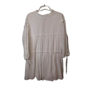 Free The Roses Womens Size M Eyelet Lace Tiered Dress White Tie Sleeves Cotton